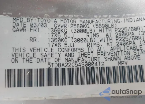 2004 Toyota Sienna Xle из США, поврежденный, VIN 5TDBA22C54S000412